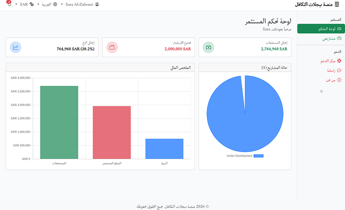 لوحة تحكم المستثمر مع بطاقات المحفظة بالعربية